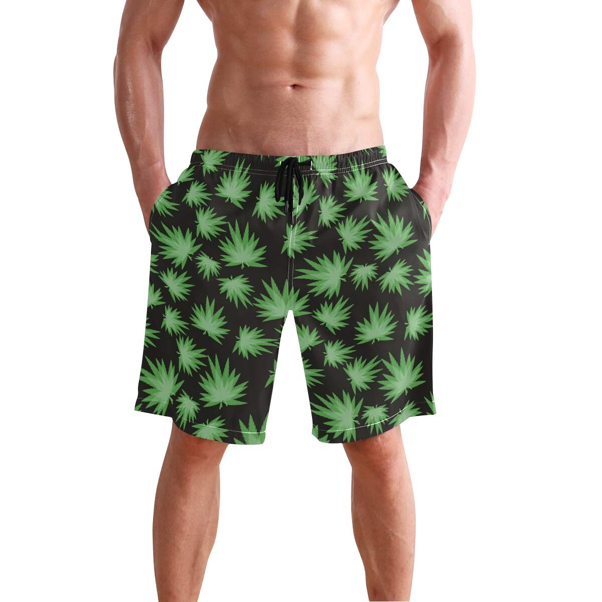 stoner420 - Men's Beach Swim Trunks Green Marijuana Leaf Boxer Swimsuit ...